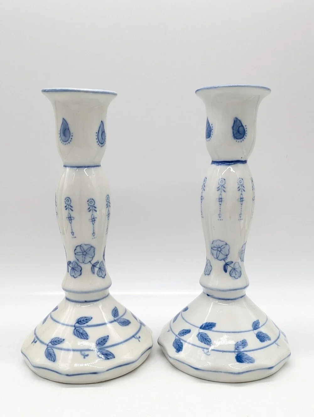 Vintage Wah Yan Blue White Porcelain Floral Candlestick Holders - Set Of 2